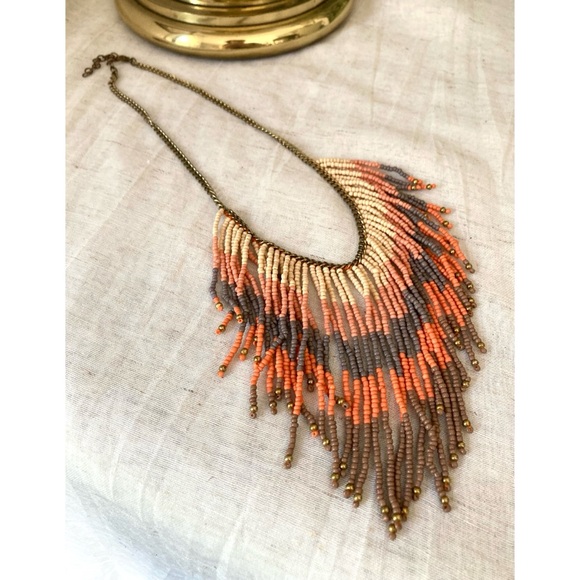 Seed Bead Statement Necklace Bib Style Warm Desert Colors Multicolored Stripes - Picture 8 of 8